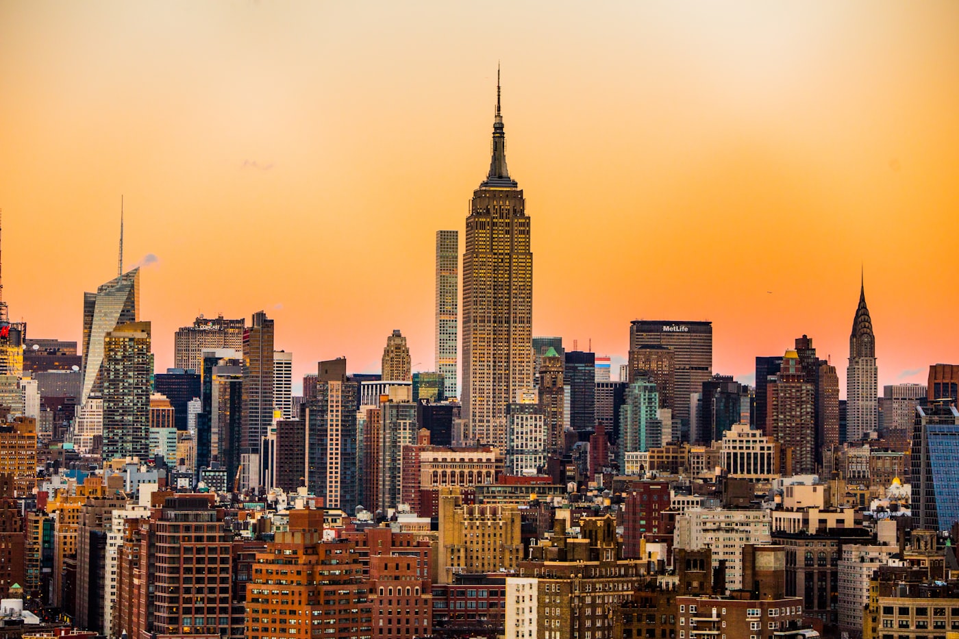 The New York City skyline at sunset